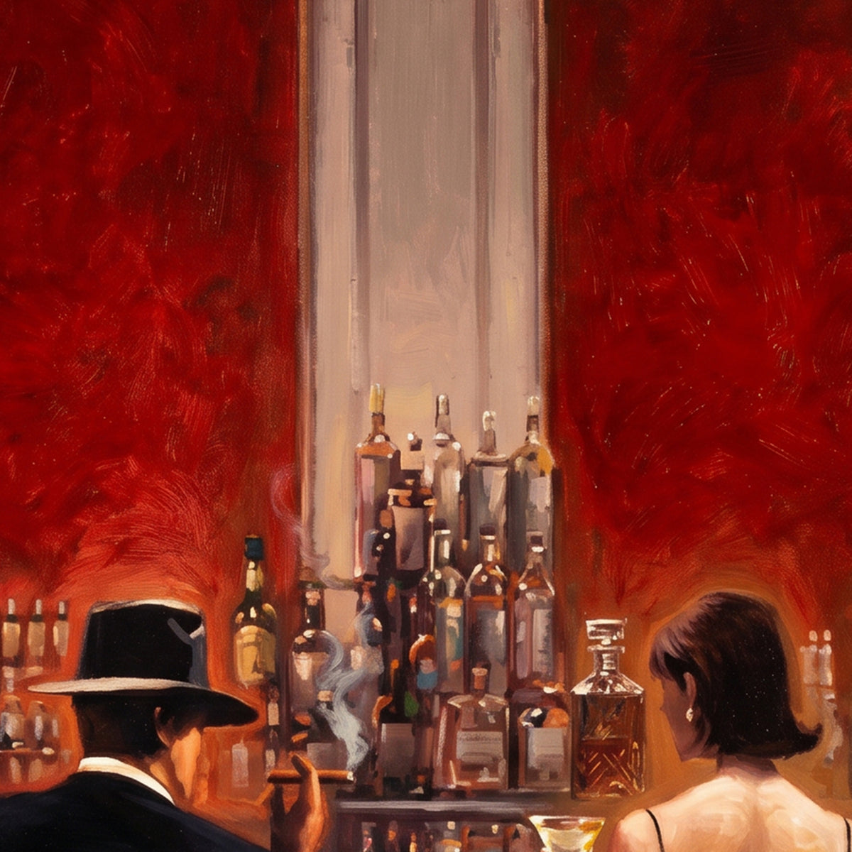 Painting Elegant Red Bar Scene