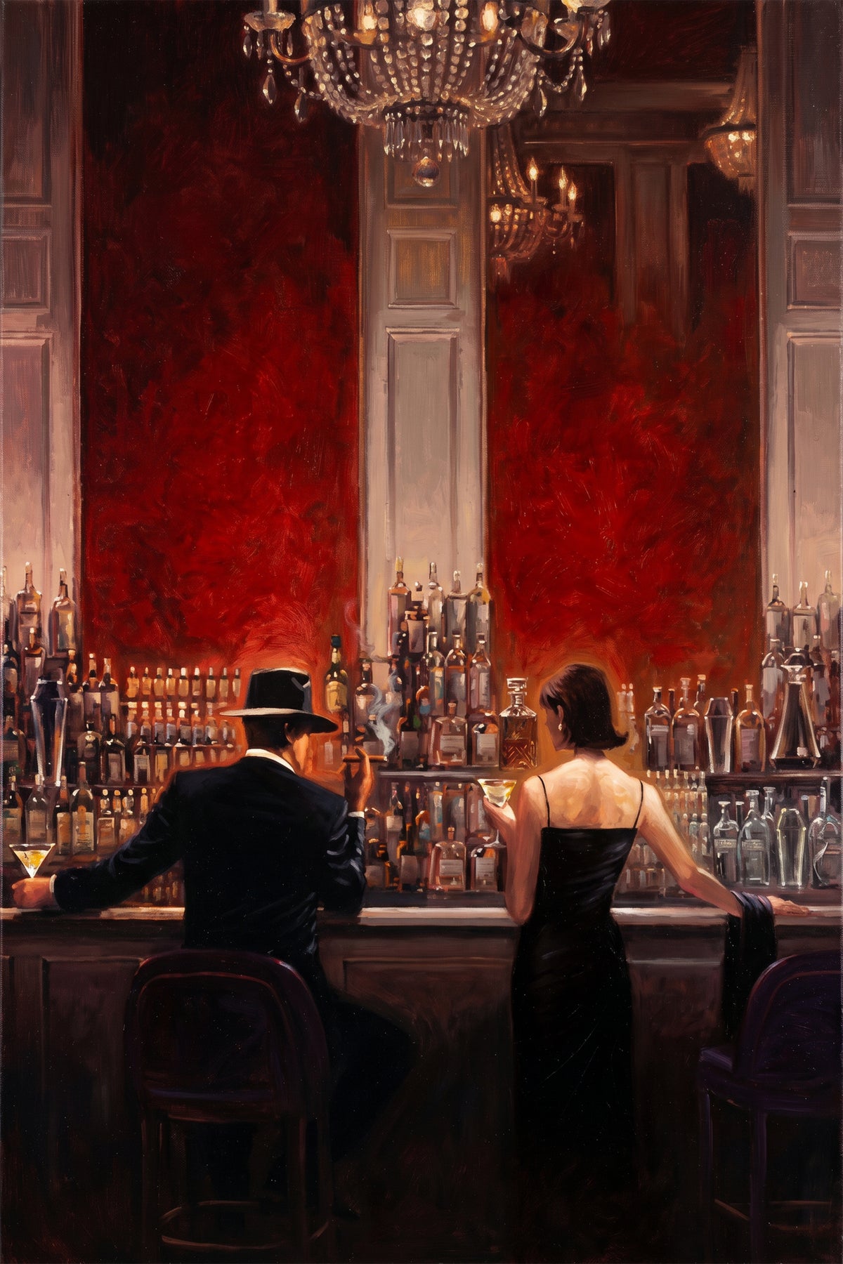 Painting Elegant Red Bar Scene