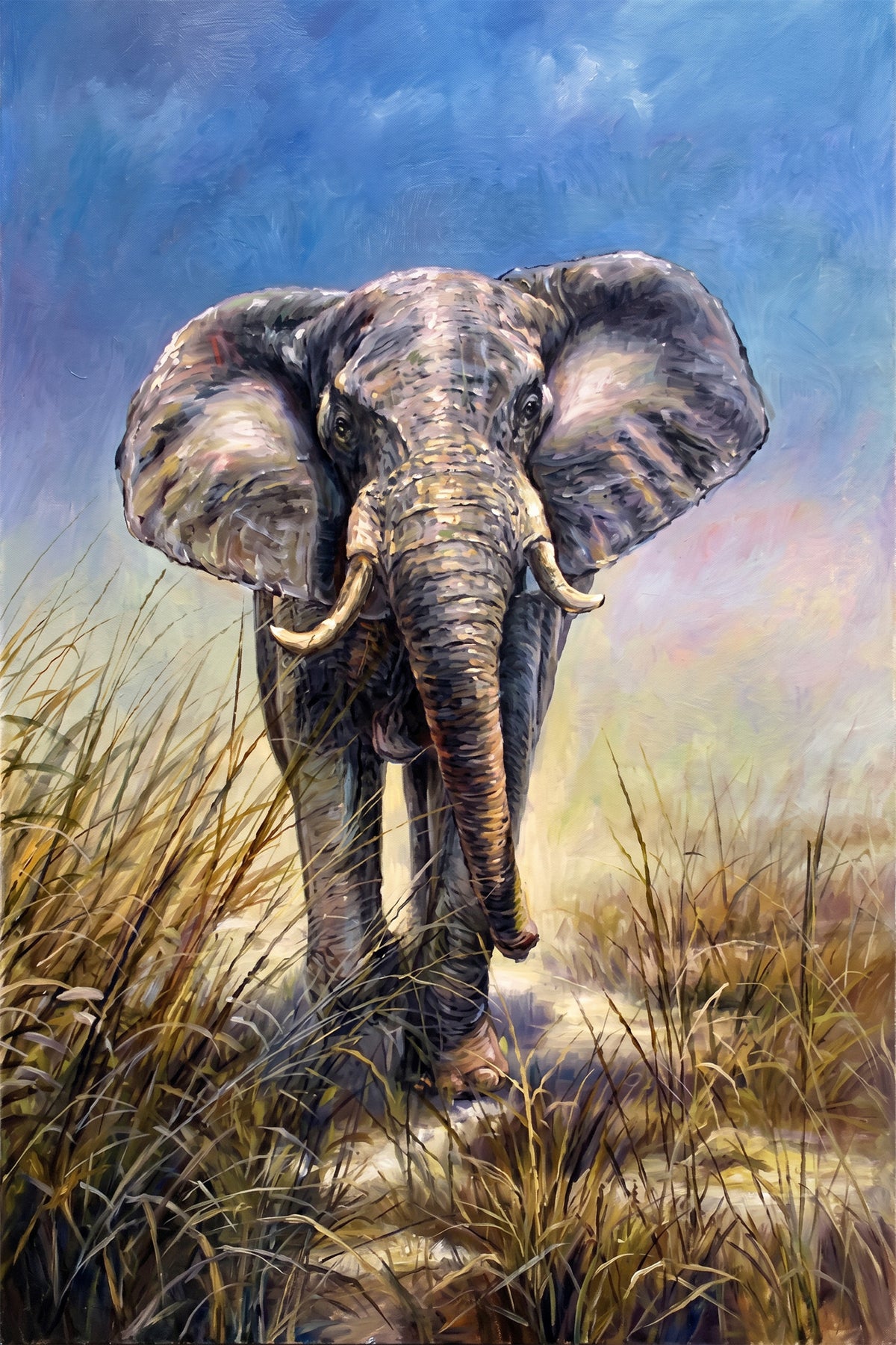 Painting Elephant in Tall Grass