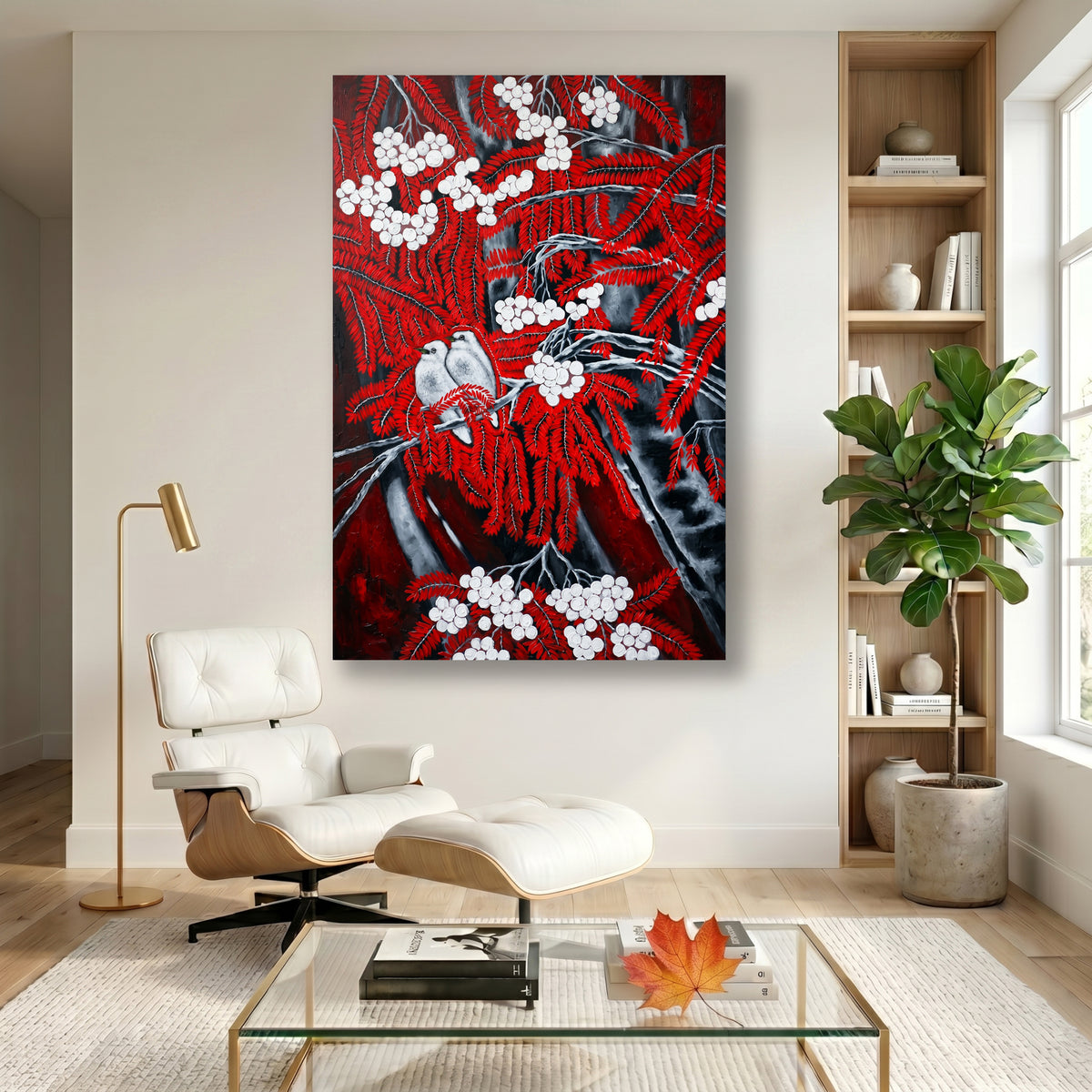 Painting Two Birds in Red Foliage