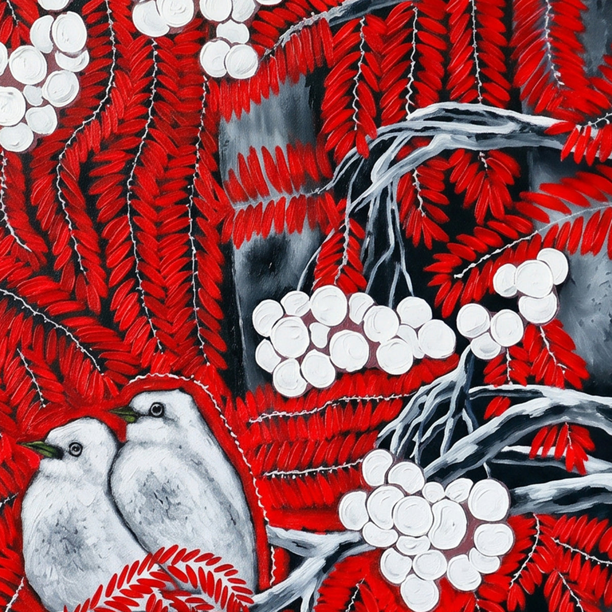 Painting Two Birds in Red Foliage