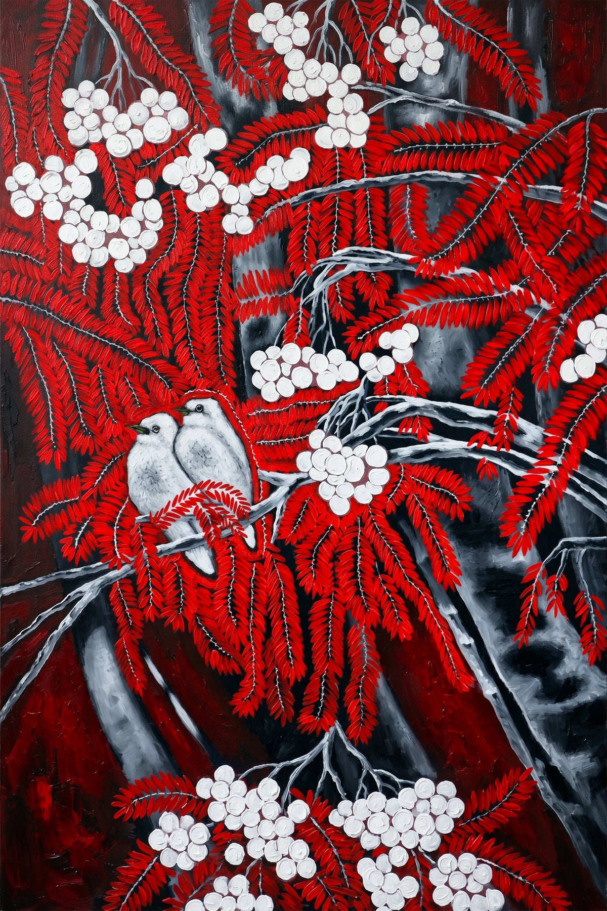 Painting Two Birds in Red Foliage