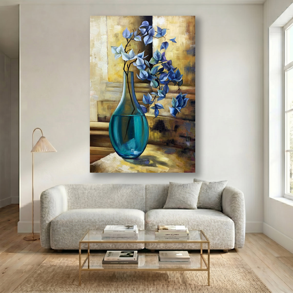 Painting Blue Leaves in Glass Vase Still Life