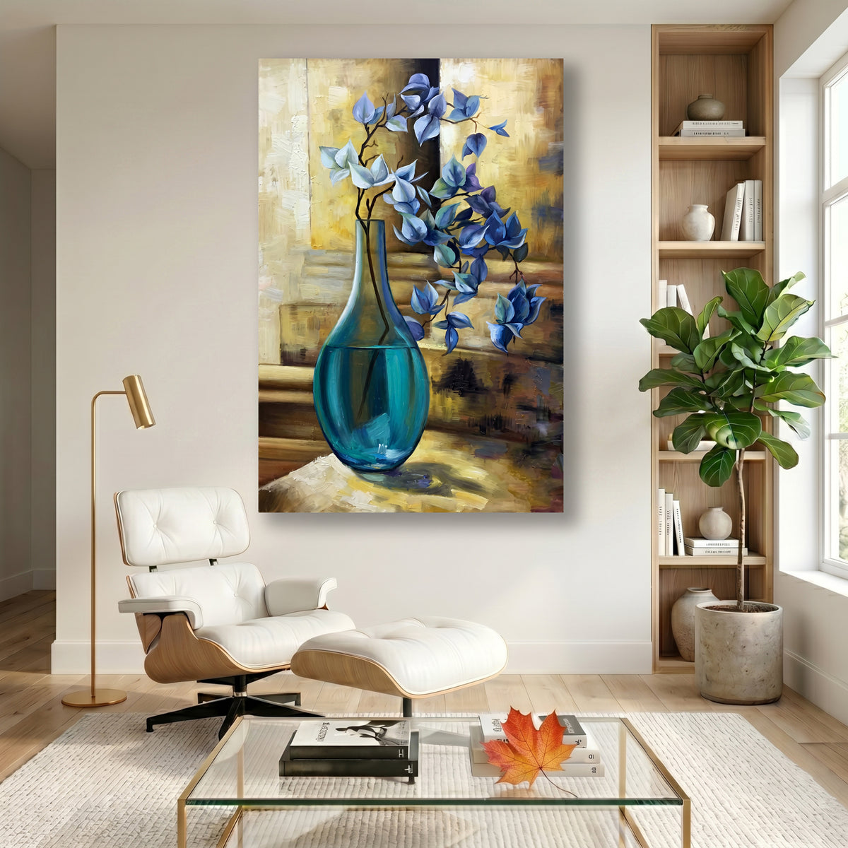 Painting Blue Leaves in Glass Vase Still Life