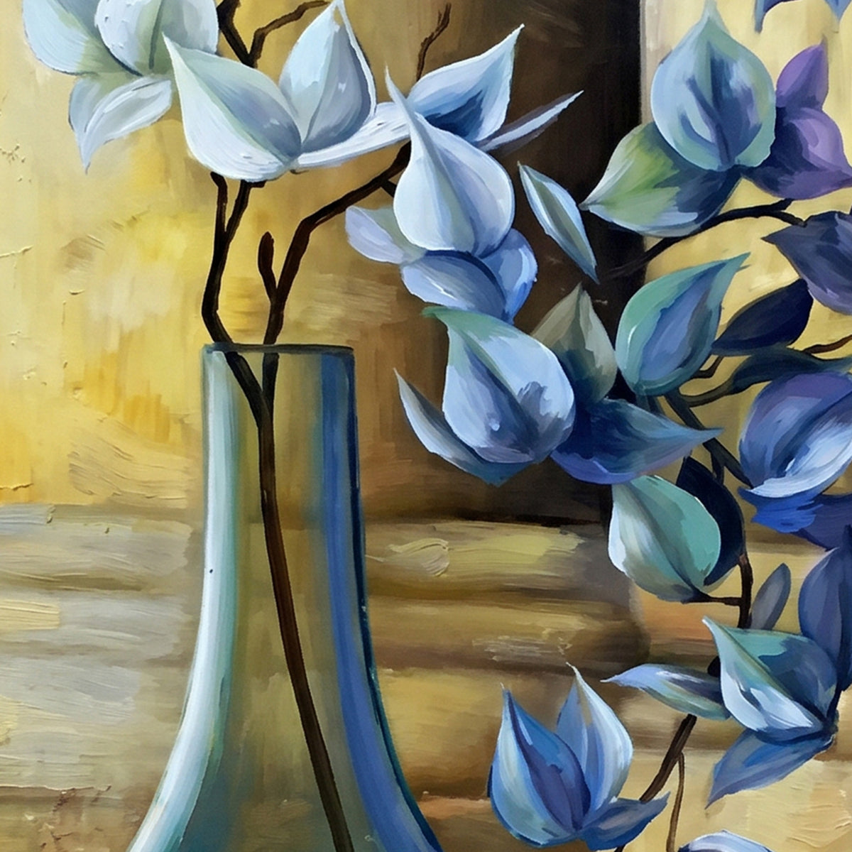 Painting Blue Leaves in Glass Vase Still Life