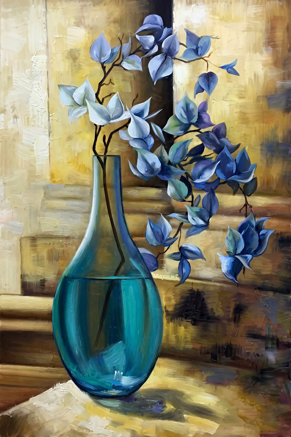 Painting Blue Leaves in Glass Vase Still Life