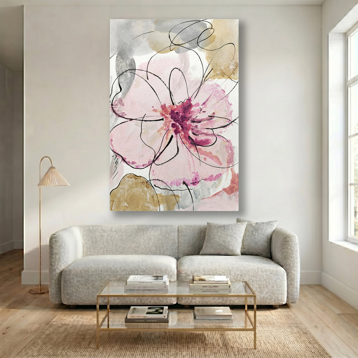 Painting Abstract Pink Flower with Black Line Art