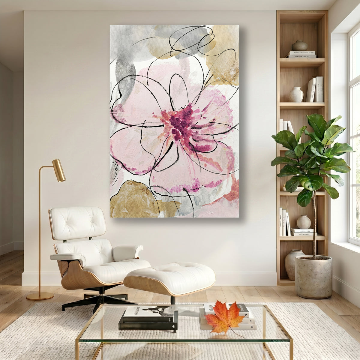 Painting Abstract Pink Flower with Black Line Art