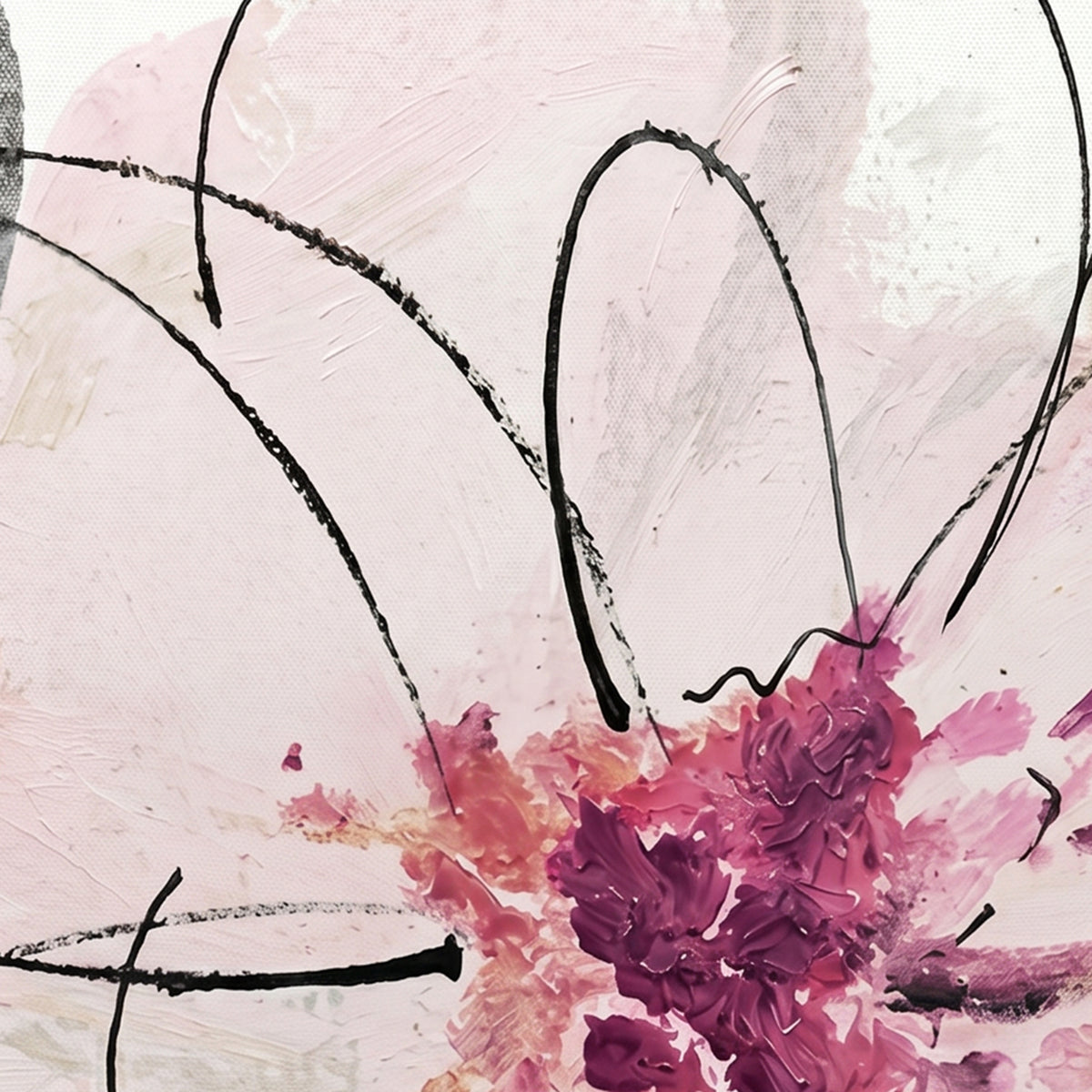 Painting Abstract Pink Flower with Black Line Art