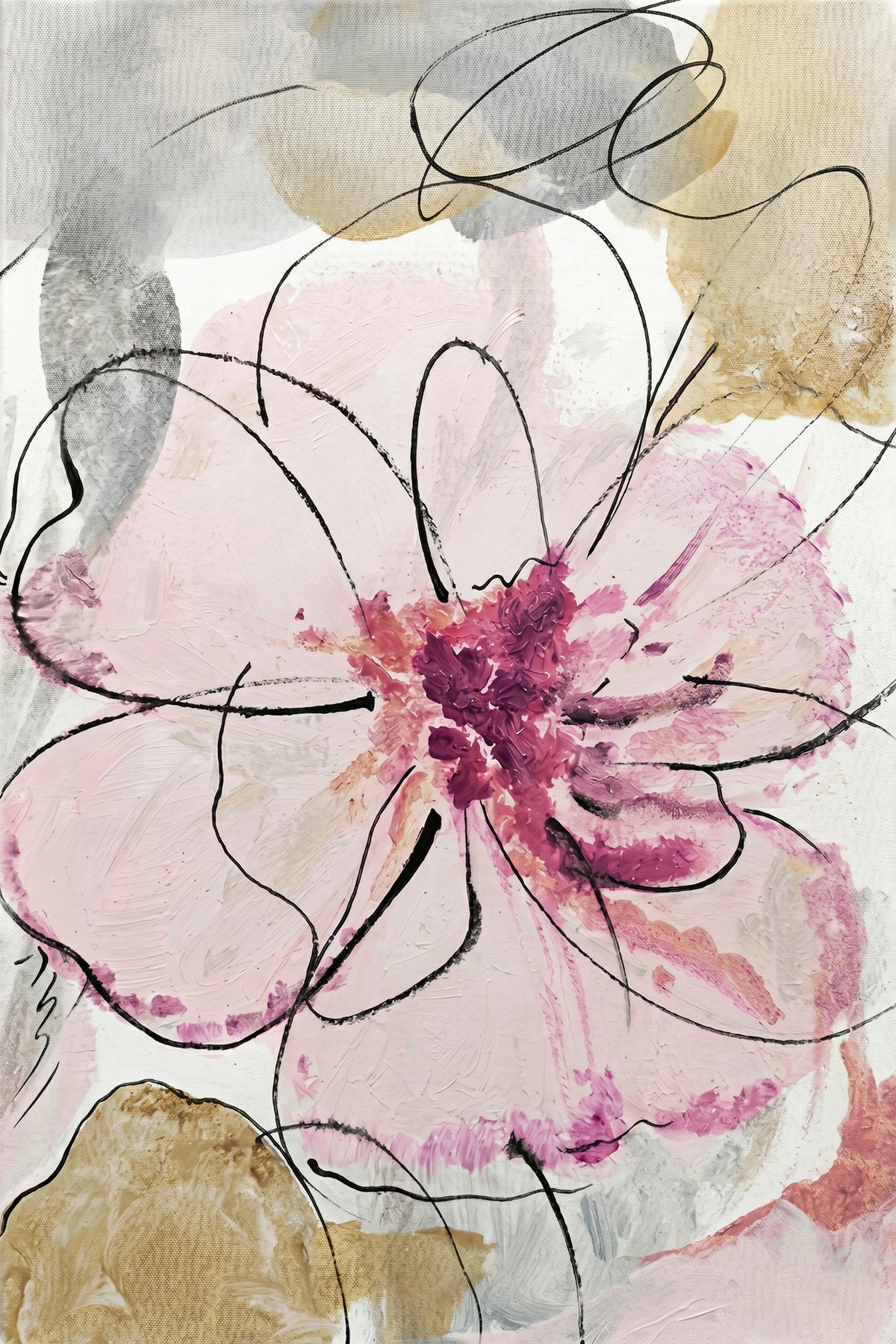 Painting Abstract Pink Flower with Black Line Art