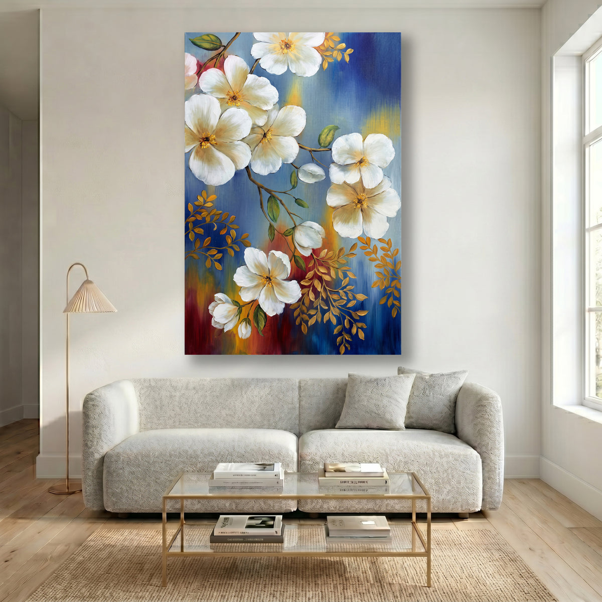 Painting White Blossoms on Blue and Gold