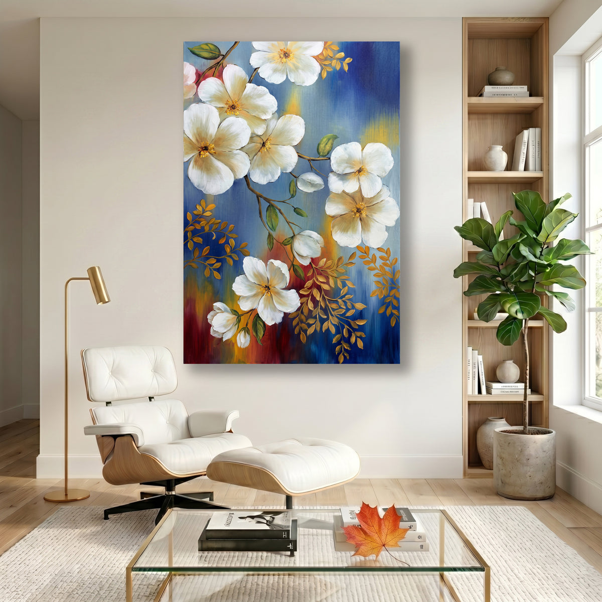 Painting White Blossoms on Blue and Gold