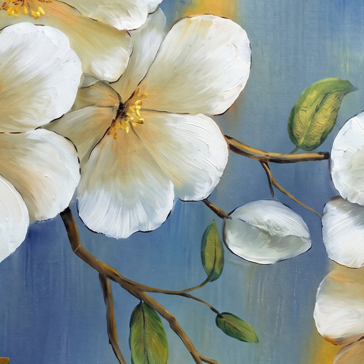 Painting White Blossoms on Blue and Gold