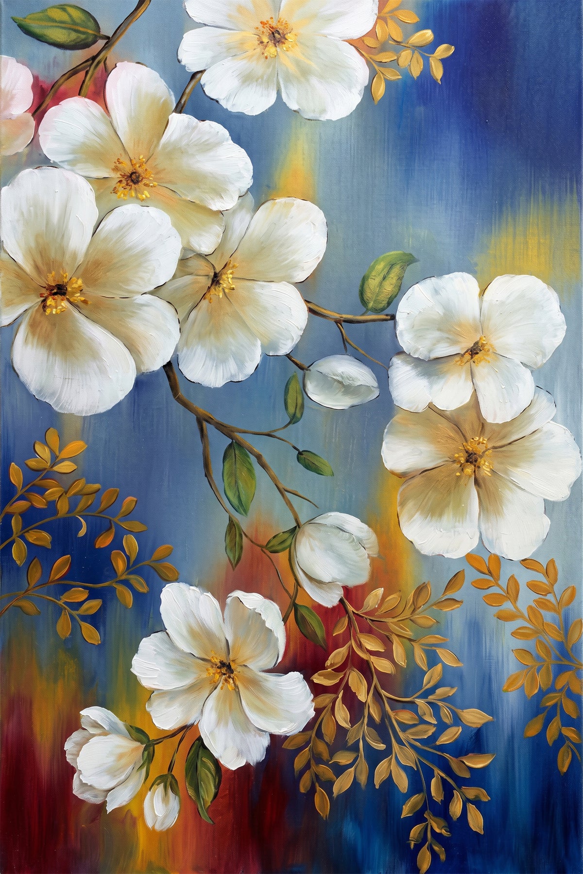 Painting White Blossoms on Blue and Gold