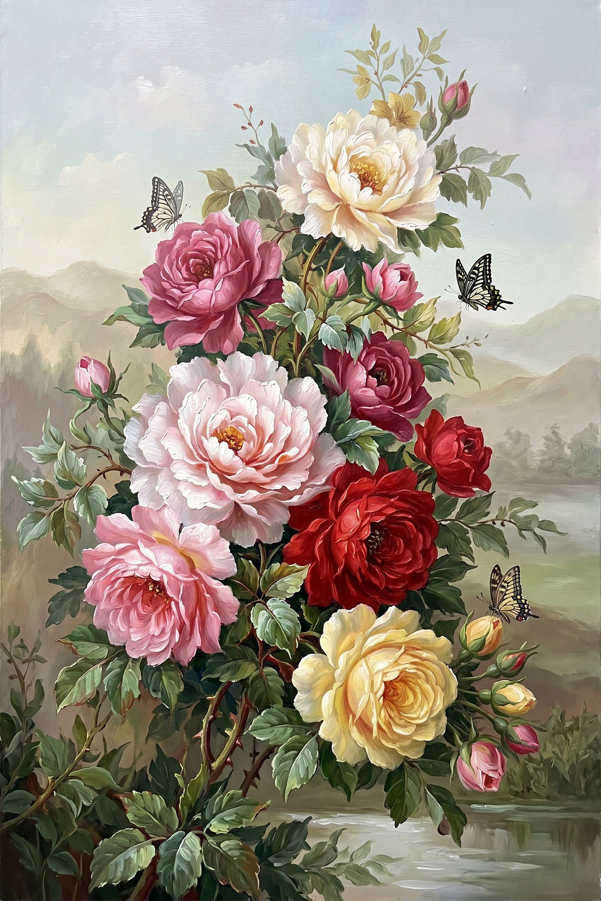 Painting Classical Floral Bouquet with Butterflies